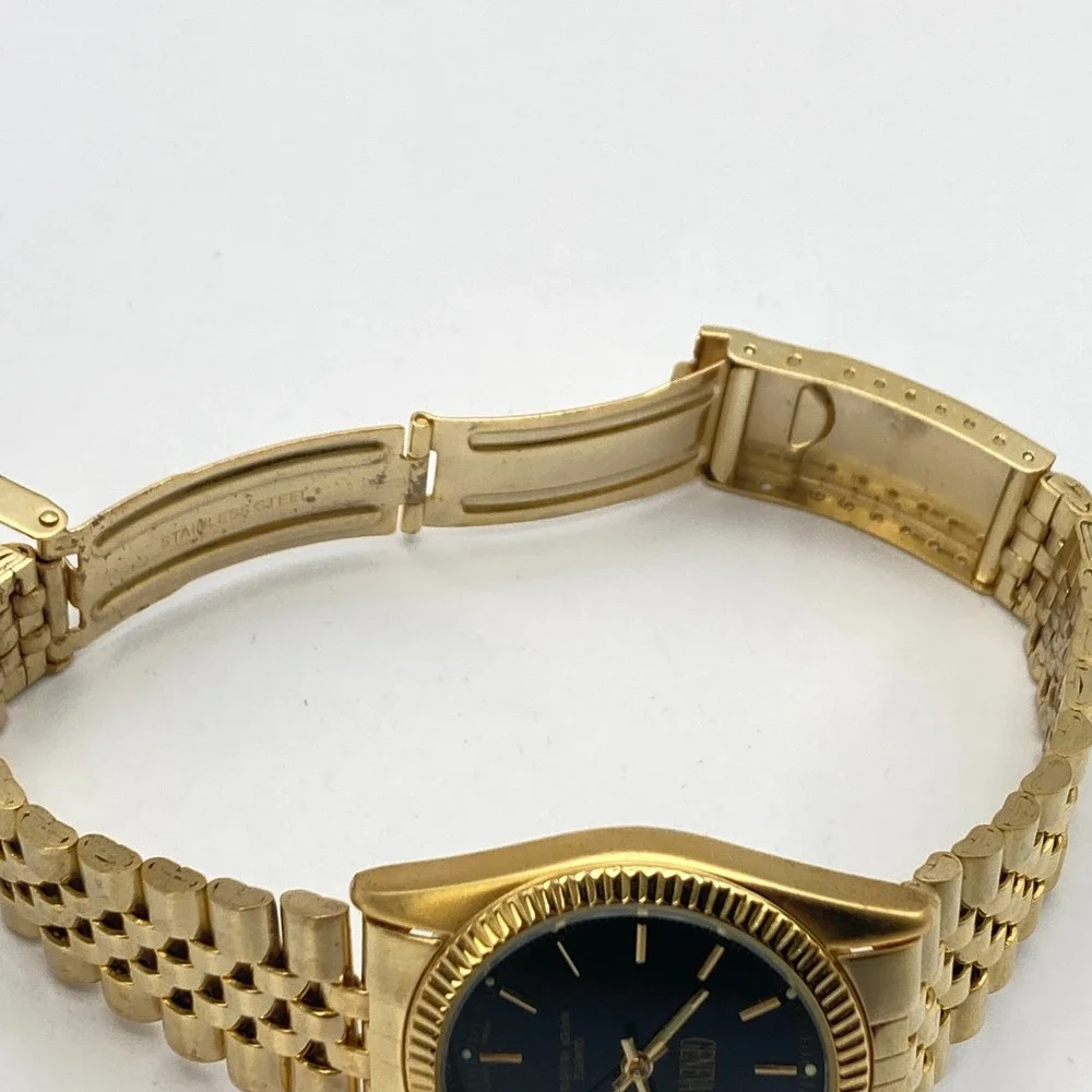 Geneva Men's Dress Watch 35mm Gold Tone Black Dial Date Bubble New Battery 7.75